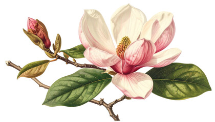Open, blossoming magnolia with green leaves and branch details