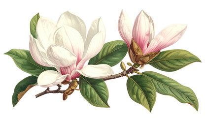 Botanical illustration of magnolia blossoms on a small branch