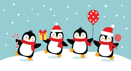 Four cute cartoon penguins celebrating Christmas with gifts and candy canes.