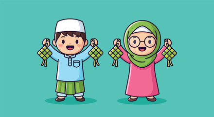 Happy Muslim Children Holding Ketupat for Eid Celebration.