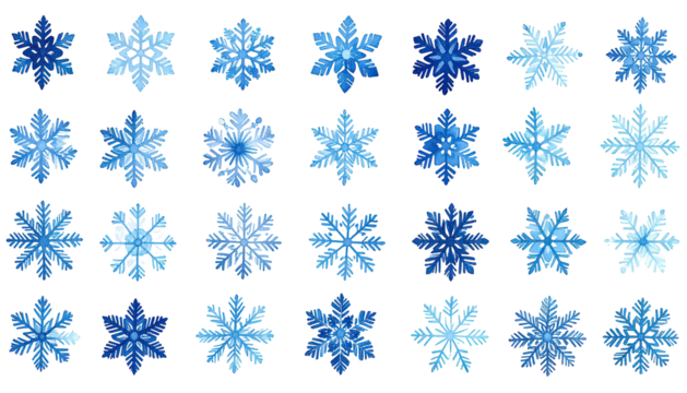Watercolor snowflakes arrayed on black background