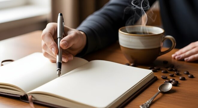 Close-up of a person's hand writing in an open notebook on a wooden desk, surrounded by coffee beans and a steaming cup of coffee for inspiration.