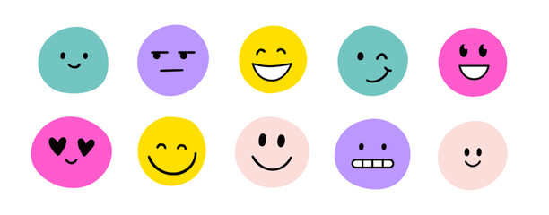 Naklejka premium Face smile emoji doodle icon sticker set. Cute kid doodle hand drawn style funny face emoji smile, happy, sad sticker. Funny cartoon emoticon heart, star, flower shape with eyes. Vector illustration