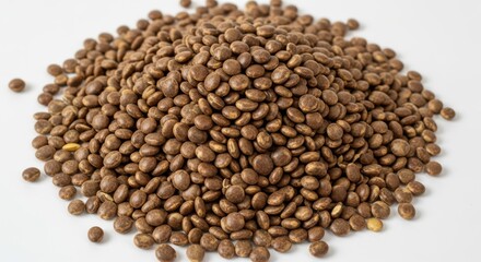 A pile of small, brown, round lentils on a plain white surface, showcasing their natural texture and shape for food ingredient photography