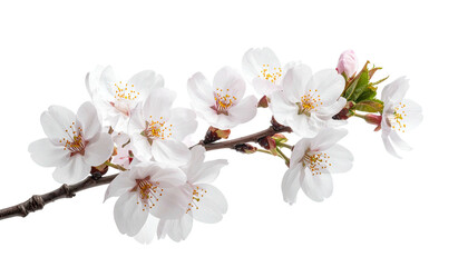 Delicate cherry blossom branch with open, pure white flowers