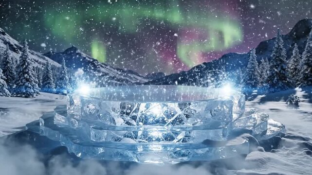 73_Frozen ice podium product display background with blank space dais on night winter landscape Empty space for product showcase_4K_10s 64309950 1