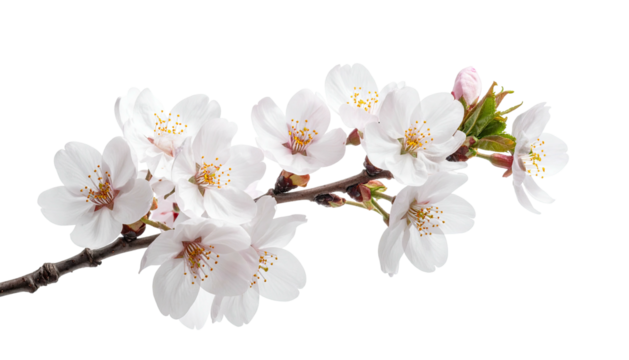 Delicate cherry blossom branch with open, pure white flowers