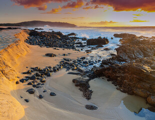 Sunset Over Tide Pools on Kepuhi Beach, Molokai, Hawaii, USA