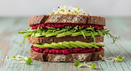 Healthy vegan sandwich with beetroot spread, avocado slices, arugula, and sprouts on dark rye bread