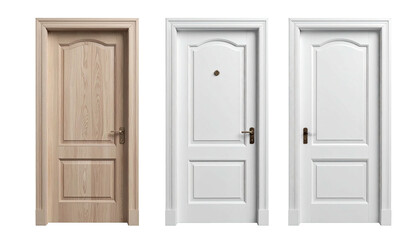 Three ornate interior doors, two white, one light wood grain