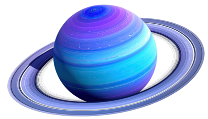 Ringed planet with blue, purple, and white bands