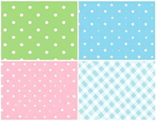 Four colorful, simple patterns polka dots, stars, and checkered