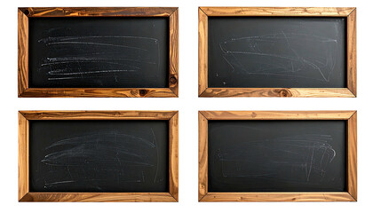 Four blank blackboards framed in wood, chalk marks visible