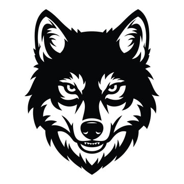 A fierce black wolf head, facing forward with piercing eyes and sharp teeth, isolated on white background, perfect for bold designs and logos
