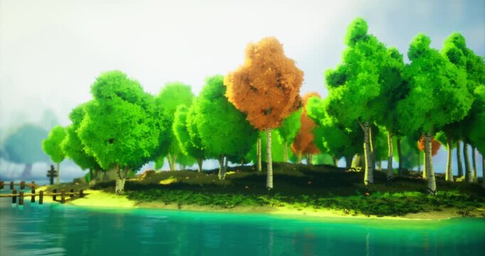 Colorful trees dominate a small island surrounded by turquoise water. A peaceful atmosphere is created by the bright green foliage and reflections in the calm water, inviting exploration.