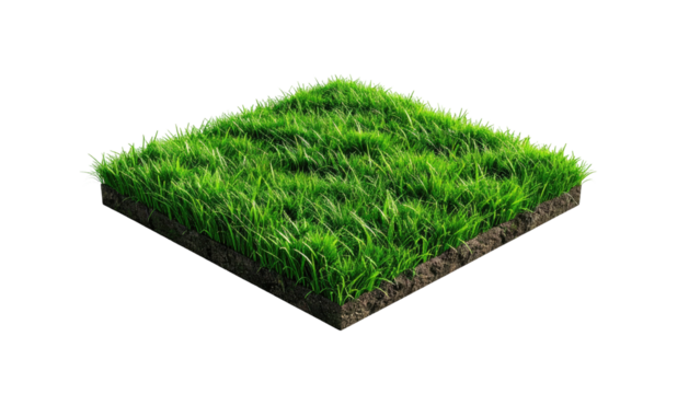 Square cut of grass with dirt, isolated against a dark background