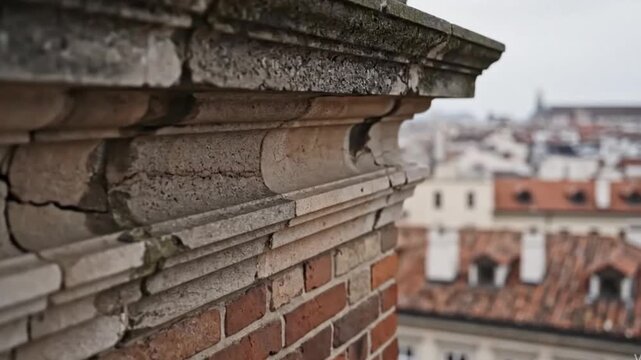 Closeup of weathered stone architectural detail on a brick building, with a blurred cityscape in the background cornice collapse 