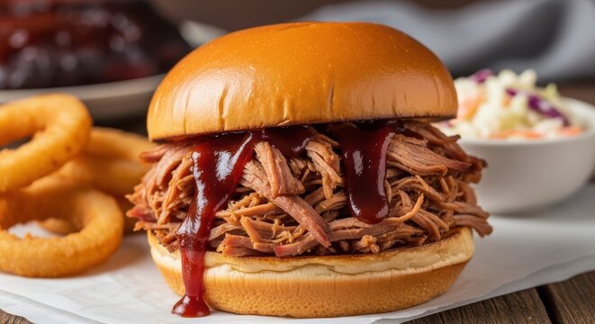 Juicy pulled pork sandwich with barbecue sauce, served with onion rings and coleslaw on a rustic wooden table