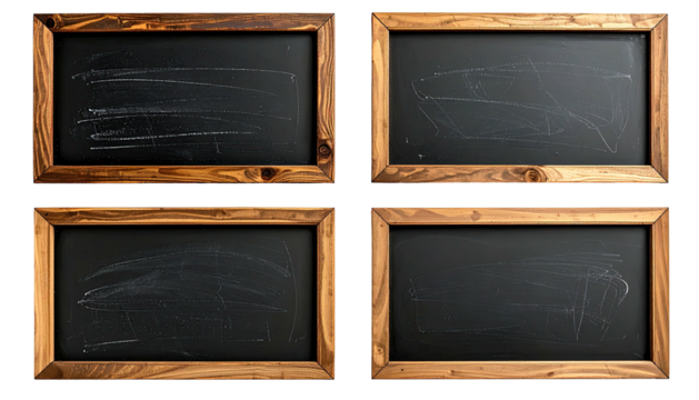 Four blank blackboards framed in wood, chalk marks visible
