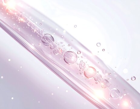 Illustration of a translucent glass tube with floating spheres and light effects