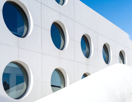 Modern, white building facade with circular windows and curved elements - Powered by Adobe