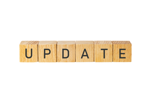 Wooden scrabble tiles spell update isolated on transparent background