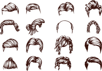 Collection of various brown hair styles and wigs on a white background hairstyle