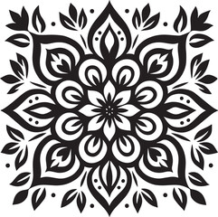 Detailed Black Mandala with Symmetrical Floral Petals and Dots on White Background pattern