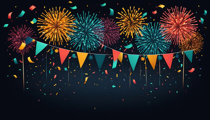 illustration of new year celebration background with fireworks, confetti, and colorful flags, dark night backdrop