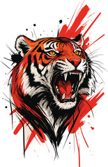 Fierce Tiger Head with Open Mouth and Red Splatter Paint Effect animal big cat