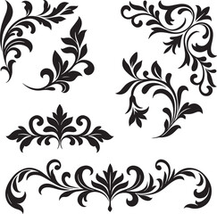 Five Black Decorative Floral Swirls and Borders on White Background ornament