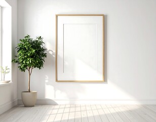 Interior scene featuring framed artwork, plant, and sunlight