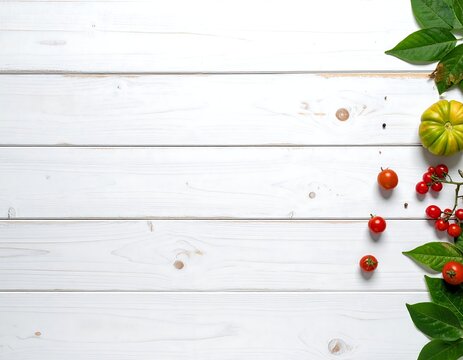 Overhead shot of a white wooden surface with assorted fresh vegetables