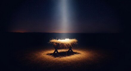 Empty manger with straw on the ground, illuminated by a divine light beam from the starry night sky