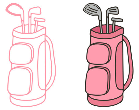 Golf bag icon set. Editable vector pack with outline and colored club illustrations. EPS sports equipment drawing