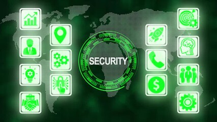 Animated digital security and technology icons on green background for business content - Powered by Adobe