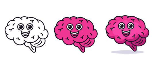 Smiling brain icon set. Editable vector pack with cartoon face and pink anatomy. EPS mental health illustration