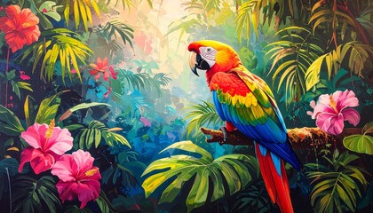 Vibrant Macaw Perched Amidst Tropical Jungle