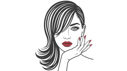 Illustrated woman with red lips and nails resting her head on her hand with long dark hair