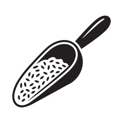 Black and white illustration of a scoop filled with rice grains