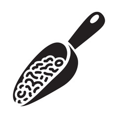 Scoop filled with small grains or seeds on a white background