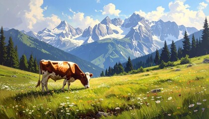 Fototapeta premium Cow grazing in a wildflower meadow mountains