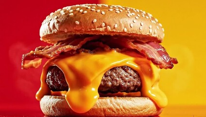 Delicious cheeseburger with bacon layers in motion for dynamic food advertising use