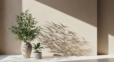 Two potted green plants casting dramatic shadows on a textured beige wall and white surface, creating a serene and natural indoor ambiance