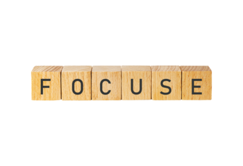 Wooden letter tiles spelling focus isolated on transparent background