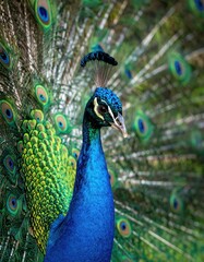 Obraz premium Close-up of a vibrant peacock displaying its colorful tail feathers