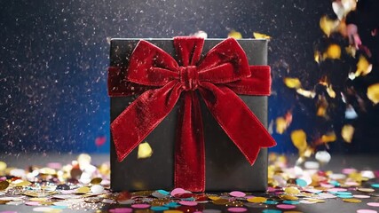 Wrapped gift box with red bow and falling confetti particles on dark background holiday celebration concept - Powered by Adobe