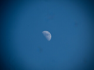 Fototapeta premium Crescent Moon Against Clear Blue Sky - Daytime Lunar Photography Stock Image on West Lake in Hanoi, Vietnam