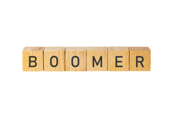 Wooden letter tiles spell out boomer isolated on transparent background