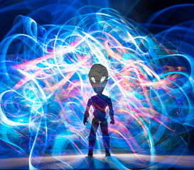 Alien figure surrounded by light trails and energy patterns